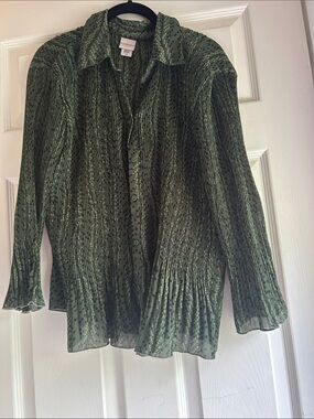 Textured Olive Green Polka Dot Button-Front Women's Blouse